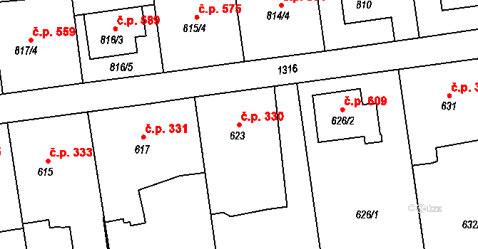 Bolatice 330 na parcele st. 623 v KÚ Bolatice, Katastrální mapa