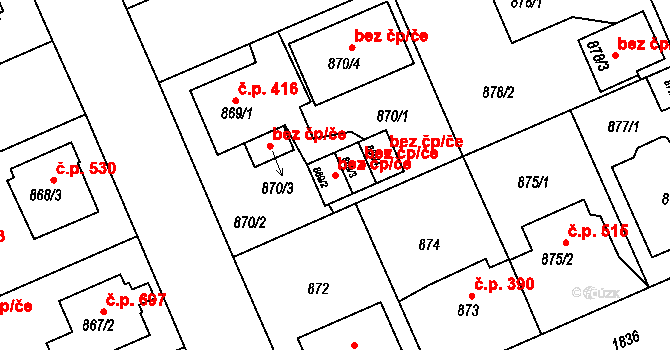 Plzeň 48141488 na parcele st. 869/2 v KÚ Bručná, Katastrální mapa
