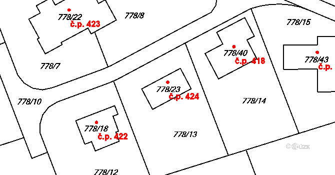Loděnice 424 na parcele st. 778/23 v KÚ Loděnice u Berouna, Katastrální mapa