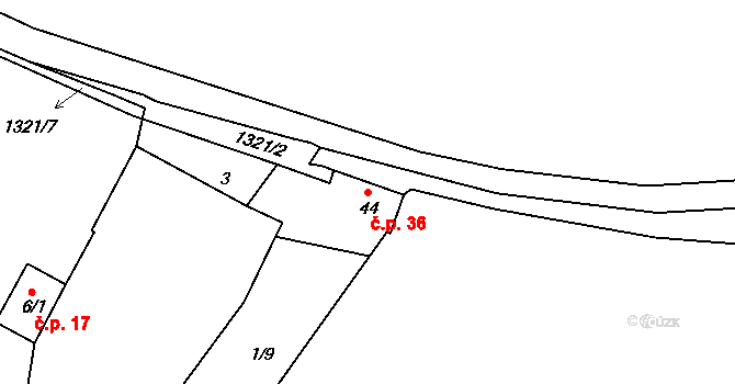 Hodyně 36, Kožlany na parcele st. 44 v KÚ Hodyně u Dřevce, Katastrální mapa