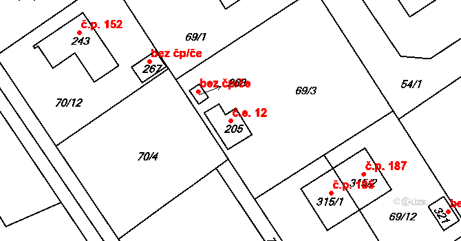 Svojkovice 12 na parcele st. 205 v KÚ Svojkovice, Katastrální mapa