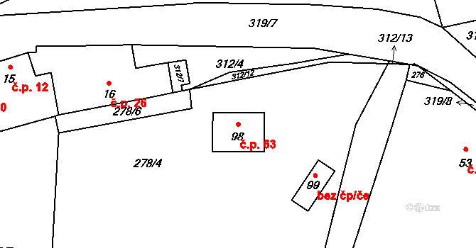 Drnov 63, Žižice na parcele st. 98 v KÚ Drnov, Katastrální mapa