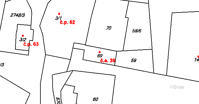Tři Sekery 39 na parcele st. 69 v KÚ Tři Sekery u Kynžvartu, Katastrální mapa