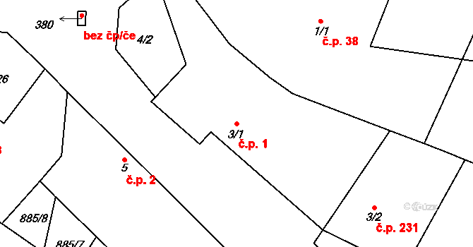 Stará Lysá 1 na parcele st. 3/1 v KÚ Stará Lysá, Katastrální mapa