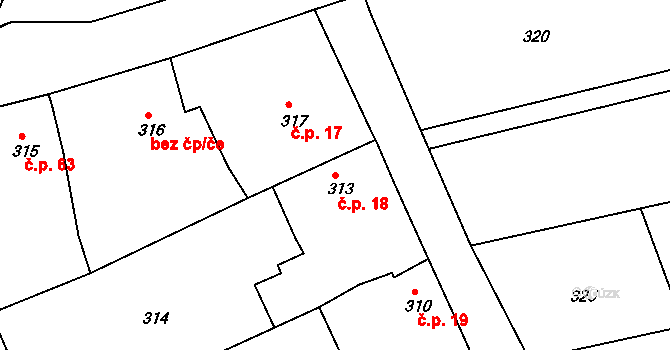 Obůrka 18, Blansko na parcele st. 313 v KÚ Těchov, Katastrální mapa