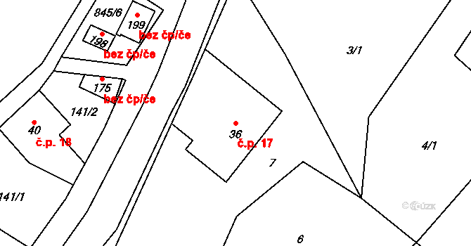 Břevenec 17, Šumvald na parcele st. 36 v KÚ Břevenec, Katastrální mapa