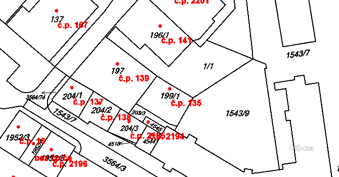 Rožnov pod Radhoštěm 135 na parcele st. 199/1 v KÚ Rožnov pod Radhoštěm, Katastrální mapa