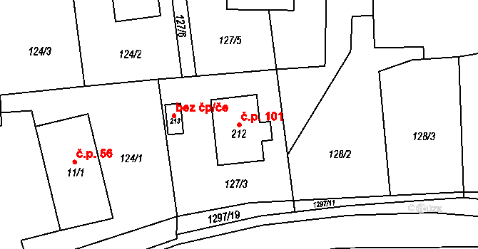 Jehnědí 101 na parcele st. 212 v KÚ Jehnědí, Katastrální mapa