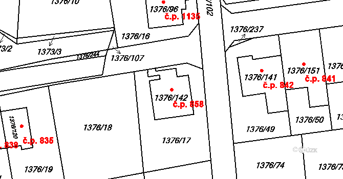 Řeporyje 858, Praha na parcele st. 1376/142 v KÚ Řeporyje, Katastrální mapa