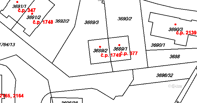 Modřany 1749, Praha na parcele st. 3689/2 v KÚ Modřany, Katastrální mapa