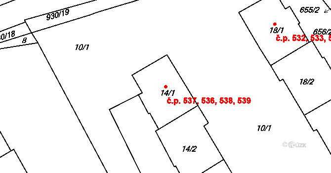 Malešice 536,537,538,539, Praha na parcele st. 14/2 v KÚ Malešice, Katastrální mapa