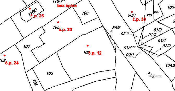 Brod 12, Příbram na parcele st. 102 v KÚ Brod u Příbramě, Katastrální mapa