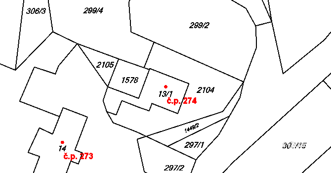 Pilníkov 274 na parcele st. 13/1 v KÚ Pilníkov II, Katastrální mapa