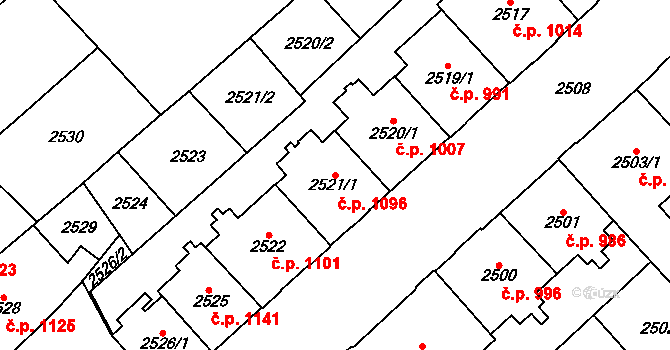 Chomutov 1096 na parcele st. 2521/1 v KÚ Chomutov I, Katastrální mapa