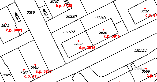Chomutov 3816 na parcele st. 3629 v KÚ Chomutov I, Katastrální mapa