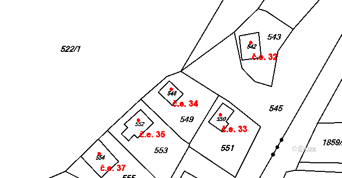 Kanice 34 na parcele st. 548 v KÚ Kanice, Katastrální mapa