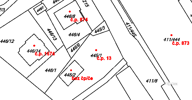 Ráj 13, Karviná na parcele st. 445/1 v KÚ Ráj, Katastrální mapa