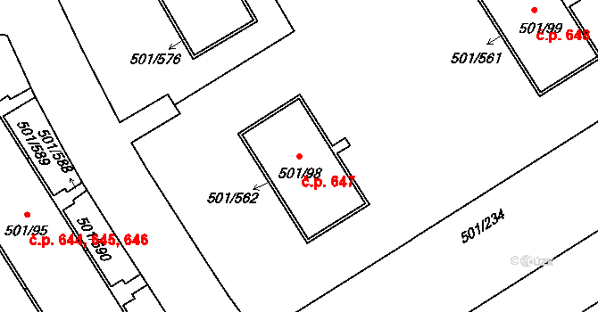 Ráj 647, Karviná na parcele st. 501/98 v KÚ Ráj, Katastrální mapa