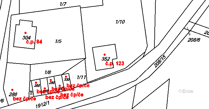 Tlumačov 123 na parcele st. 352 v KÚ Tlumačov u Domažlic, Katastrální mapa