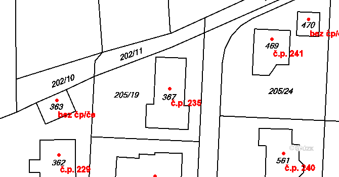 Vysoká nad Labem 235 na parcele st. 367 v KÚ Vysoká nad Labem, Katastrální mapa