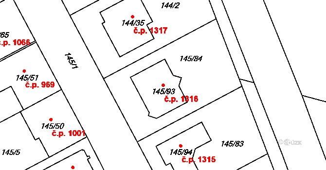 Ratíškovice 1316 na parcele st. 145/93 v KÚ Ratíškovice, Katastrální mapa