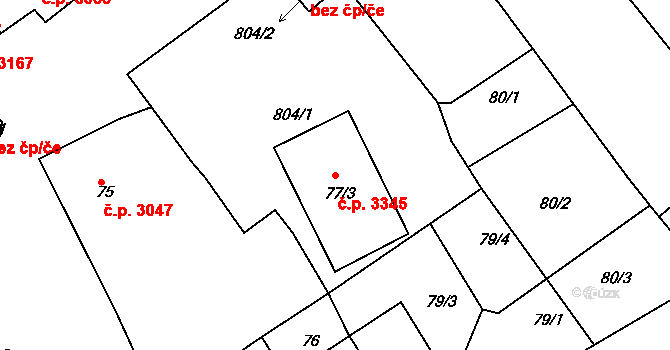 Mělník 3345 na parcele st. 77/3 v KÚ Vehlovice, Katastrální mapa