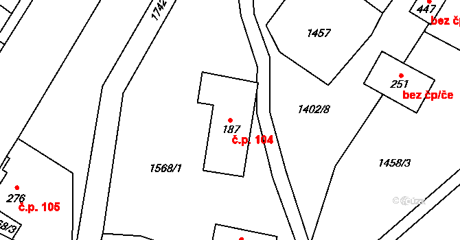 Lomnice 104 na parcele st. 187 v KÚ Lomnice u Rýmařova, Katastrální mapa
