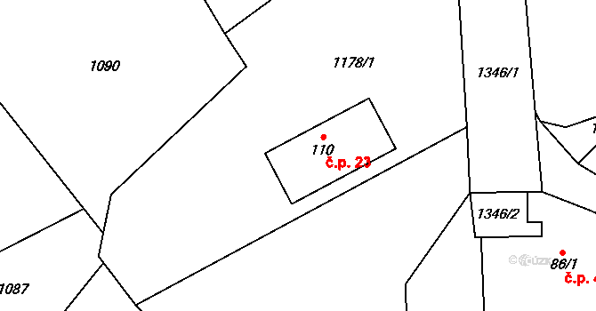 Chotětice 23, Sedlec-Prčice na parcele st. 110 v KÚ Divišovice, Katastrální mapa