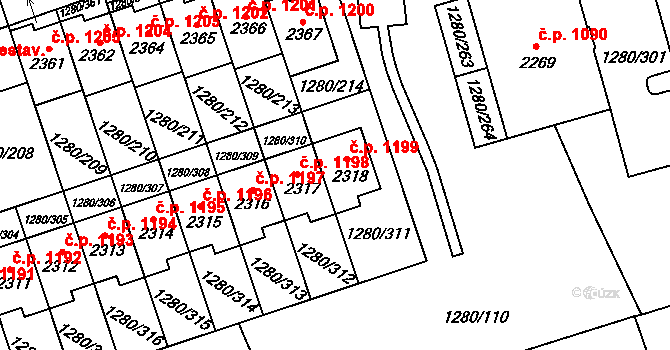 Dobřany 1199 na parcele st. 2318 v KÚ Dobřany, Katastrální mapa