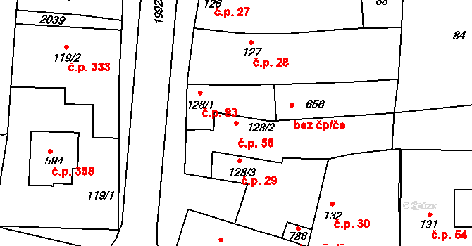 Louky 56, Zlín na parcele st. 128/2 v KÚ Louky nad Dřevnicí, Katastrální mapa