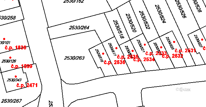 Předměstí 2536, Opava na parcele st. 2530/516 v KÚ Opava-Předměstí, Katastrální mapa