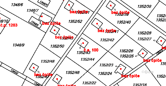 Lyžbice 100, Třinec na parcele st. 1352/43 v KÚ Lyžbice, Katastrální mapa