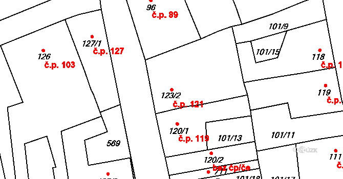 Rudná 121 na parcele st. 123/2 v KÚ Dušníky u Rudné, Katastrální mapa