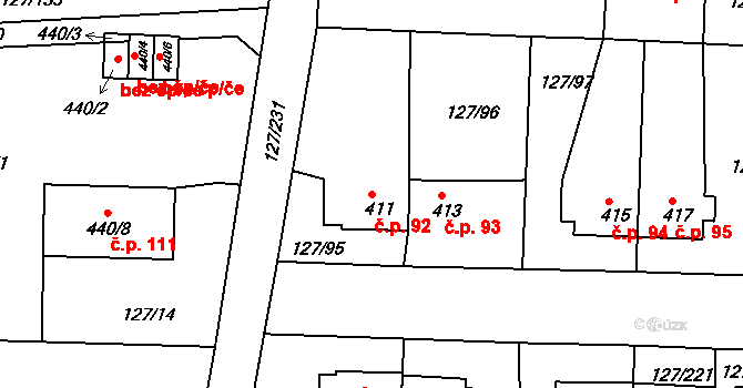 Trhanov 92 na parcele st. 411 v KÚ Trhanov, Katastrální mapa