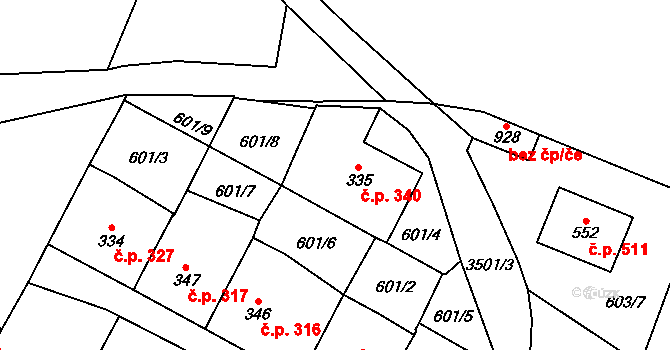Lysice 340 na parcele st. 335 v KÚ Lysice, Katastrální mapa