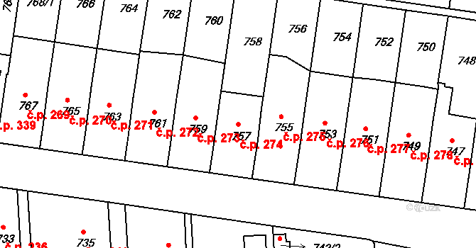 Jestřebí 274, Rájec-Jestřebí na parcele st. 757 v KÚ Jestřebí, Katastrální mapa