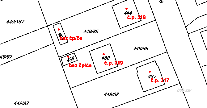 Merklín 319 na parcele st. 488 v KÚ Merklín u Přeštic, Katastrální mapa