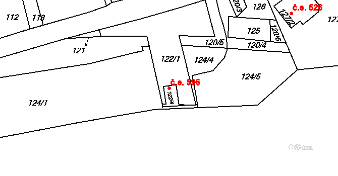 Roztoky 596, Povrly na parcele st. 122/4 v KÚ Roztoky nad Labem, Katastrální mapa