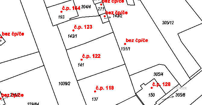 Měcholupy 122 na parcele st. 141 v KÚ Měcholupy u Žatce, Katastrální mapa