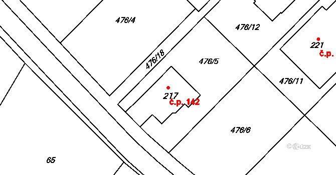 Šelešovice 142 na parcele st. 217 v KÚ Šelešovice, Katastrální mapa