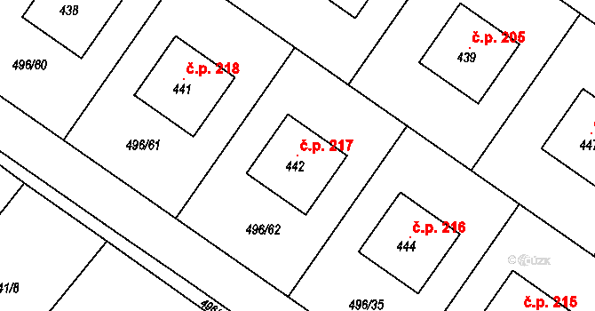 Polerady 217 na parcele st. 442 v KÚ Polerady u Prahy, Katastrální mapa