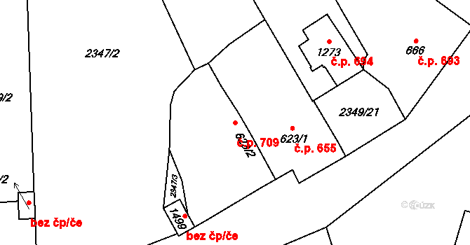 Hrušovany nad Jevišovkou 709 na parcele st. 623/2 v KÚ Hrušovany nad Jevišovkou, Katastrální mapa
