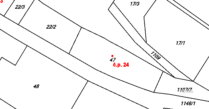 Čestín 24 na parcele st. 47 v KÚ Čestín, Katastrální mapa