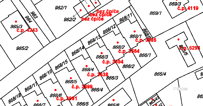 Mšeno nad Nisou 3594, Jablonec nad Nisou na parcele st. 868/3 v KÚ Mšeno nad Nisou, Katastrální mapa