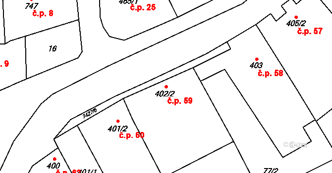 Dambořice 59 na parcele st. 402/2 v KÚ Dambořice, Katastrální mapa
