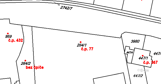 Milotice 77 na parcele st. 284/1 v KÚ Milotice u Kyjova, Katastrální mapa