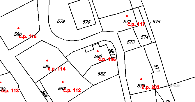 Stonařov 116 na parcele st. 580 v KÚ Stonařov, Katastrální mapa
