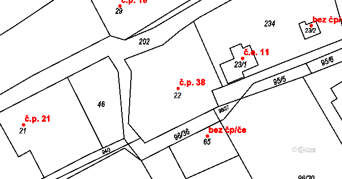 Podbrdy 38 na parcele st. 22 v KÚ Podbrdy, Katastrální mapa