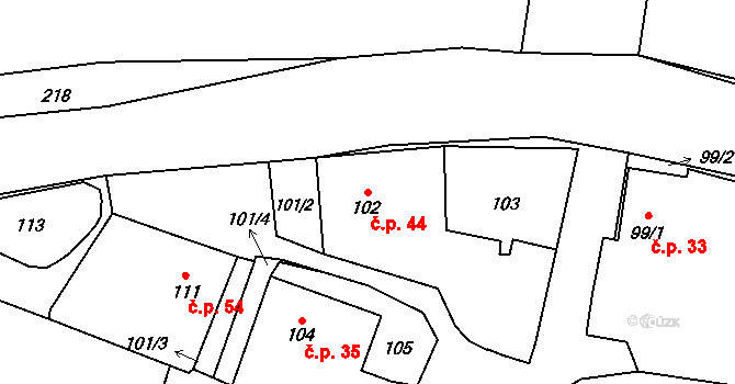 Hřibsko 44, Stěžery na parcele st. 102 v KÚ Hřibsko, Katastrální mapa