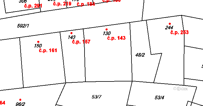 Bohušovice nad Ohří 143 na parcele st. 130/1 v KÚ Bohušovice nad Ohří, Katastrální mapa
